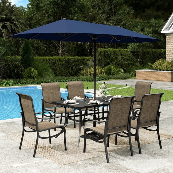 Sophia & William 7Pcs Outdoor Patio Dining Set with 13Ft Navy Blue Umbrella 22.6" Highback Textilene Chairs and Metal Table Furniture Set for 6