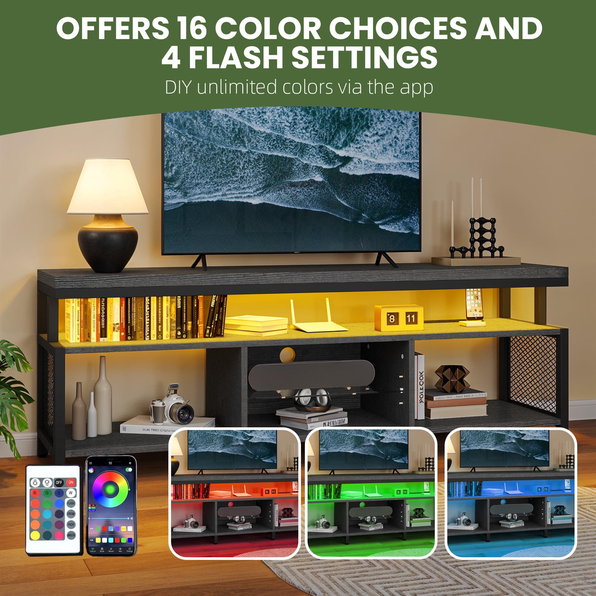 Uforic Industrial LED TV Stands for 55/60/65/70 inch w/Power Outlets, Entertainment Center TV Cabinet for Living Room, Black
