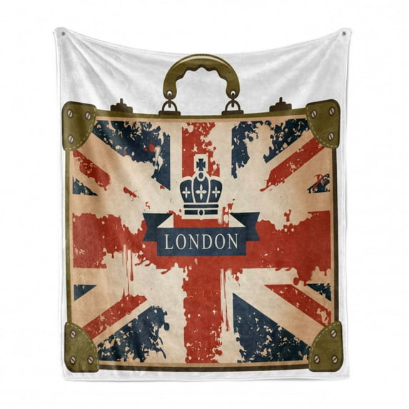 Union Jack Soft Flannel Fleece Throw Blanket, Vintage Travel Suitcase British Flag London Ribbon and Crown Image, Cozy Plush for Indoor and Outdoor Use, 50" x 60", Dark Blue Red Brown, by Ambesonne