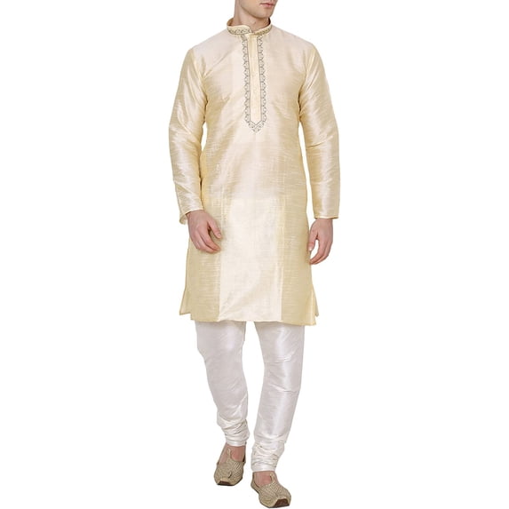 Royal Kurta Mens Silk Blend Garland Embroidery Kurta Churidar (38, Beige)