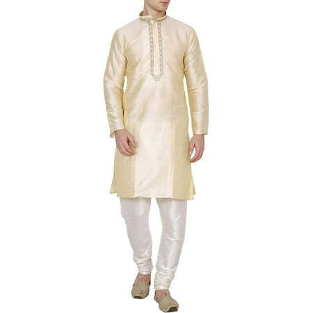 

Royal Kurta Mens Silk Blend Garland Embroidery Kurta Churidar (42 Beige)
