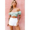 thumbnail image 2 of Women's Ruffle Short Sleeve Tie Up Back Crop Top Off Shoulder Bardot Blouse,Mint Green,L, 2 of 7
