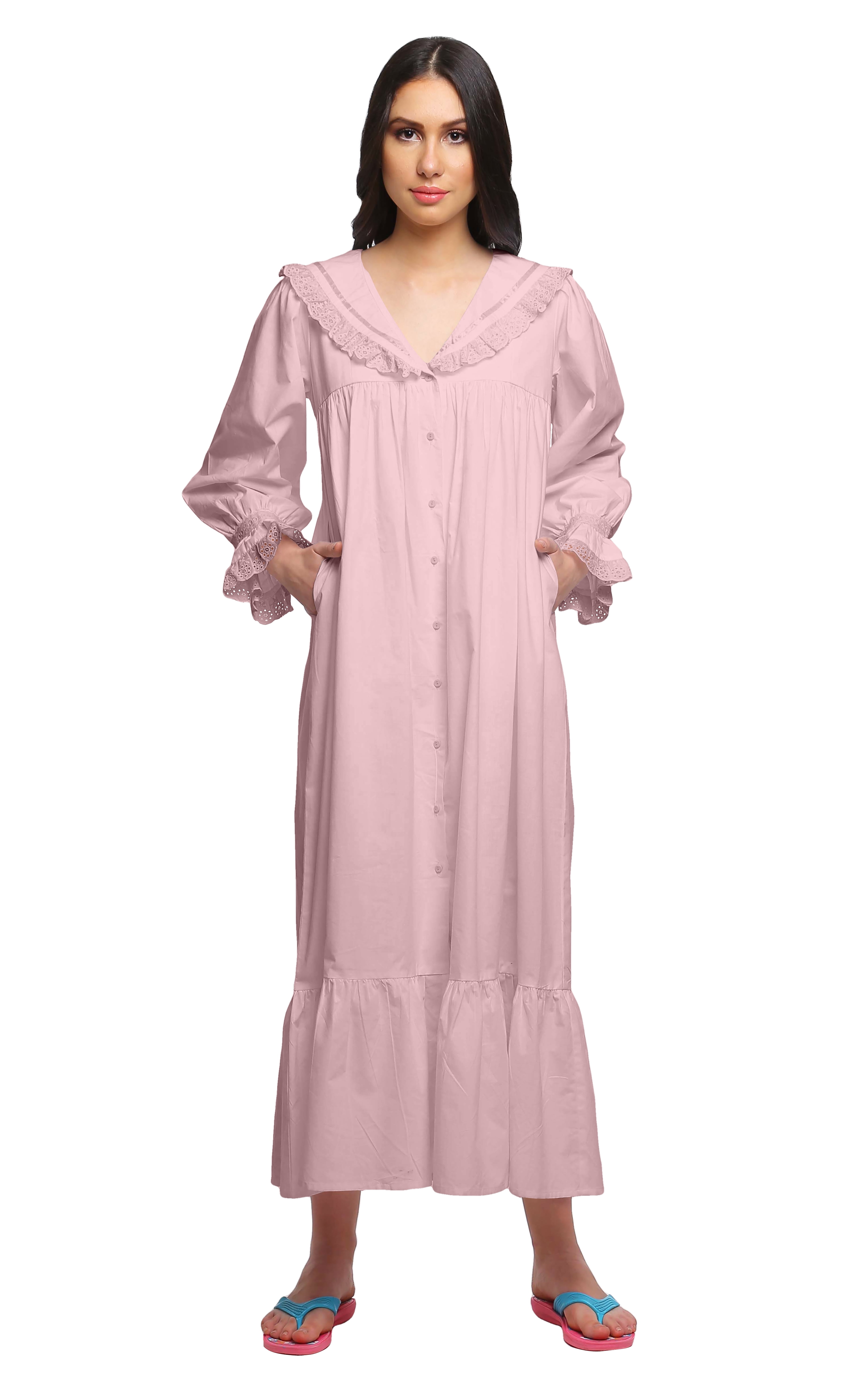 Moomaya Cotton Lace Neckline Sleepwear for Ladies Round Neck Womens Nightdress