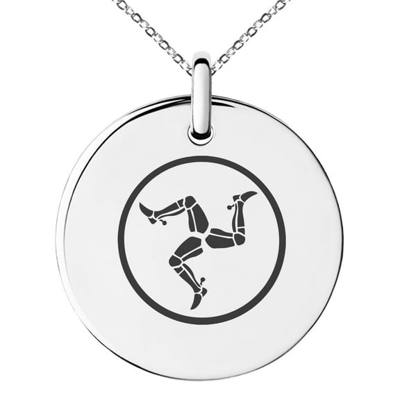 Stainless Steel Celtic Triskelion Three Legged Isle of Man Engraved Small Medallion Circle Charm Pendant Necklace