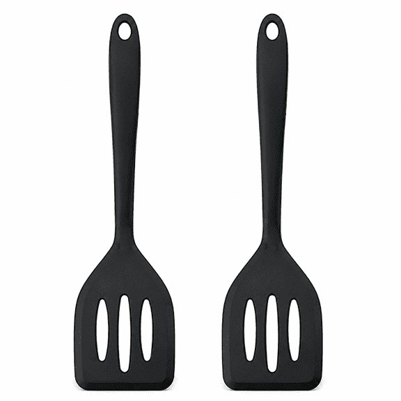 RAIRSKY 2Pack Small Silicone Turner High Heat Resistant Slotted Spatula for Fish, Eggs, Pancakes and More (8.2 In, Black)