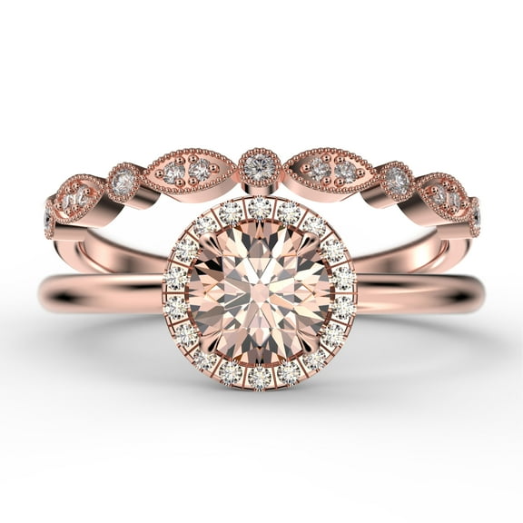 Fairy Minimalist 1.75 Carat Round Cut Morganite And Diamond Moissanite Engagement Ring, Classic Halo Wedding Ring in 925 Sterling Silver With 18k Rose Gold Plating Gift For Her, One Matching Band