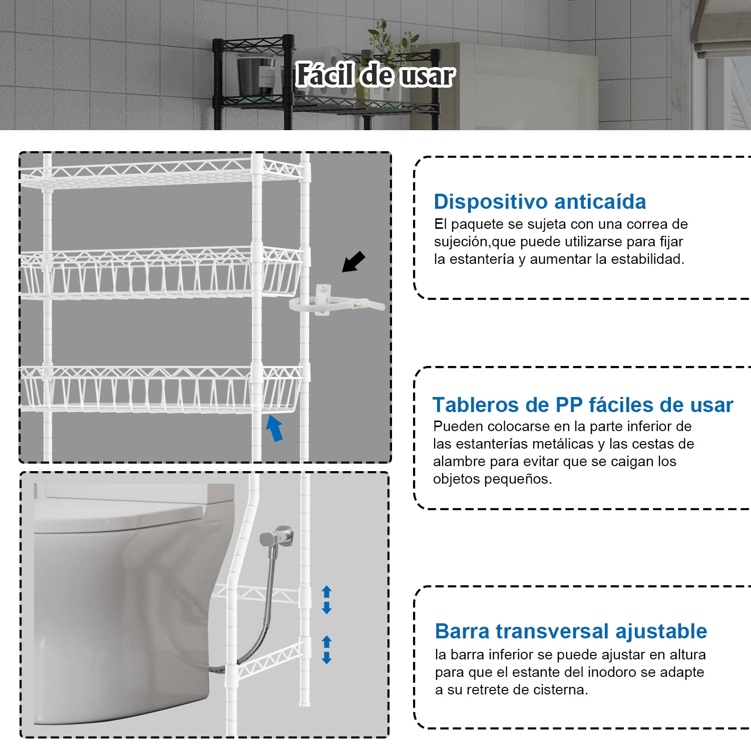 Untyo 3 Tier Over the Toilet Storage Rack Bathroom Storage Shelf Space Saver Stand Above Toilet with Adjustable Shelves and Baskets
