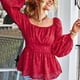 thumbnail image 3 of Camisas de manga larga abombada para mujer Escote elástico Cintura alta Línea A Dobladillo de múltiples capas Top elegante Rojo L, 3 of 7