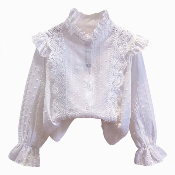 Splozh Dress Shirts for Teen Girls Shirts Puff Long Sleeve Cute Lace Shirts for Elegant School Casual Button Down Blouse,White,10-11 Years