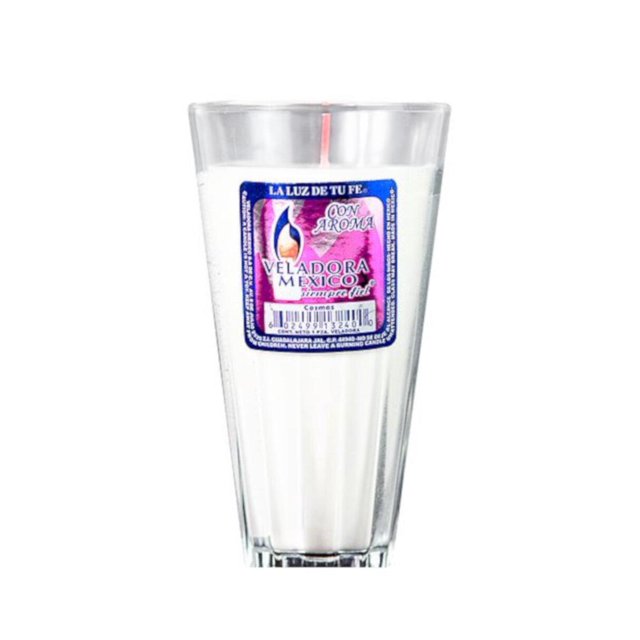pack de 20 veladora méxico limonero liso parafina Pack de 20 veladoras en vaso alto, parafina blanca con mecha centrada y etiqueta frontal rosada con marca Veladora México; vista frontal sobre fondo neutro; también suele usarse para decoración y ofrendas.