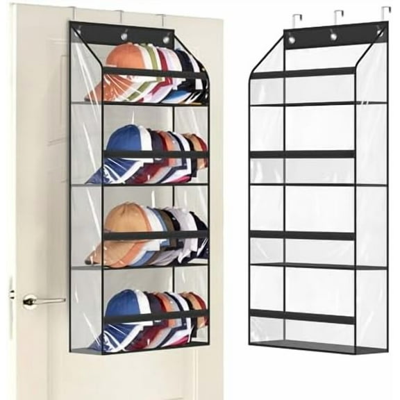 Clear Over the Door Hat Racks for Baseball Caps, Hold 48 Caps Hat Storage Organizer for Closet Wall, Deep Pockets Hanging Snapback Holder Shelves with 3 Hooks, Black