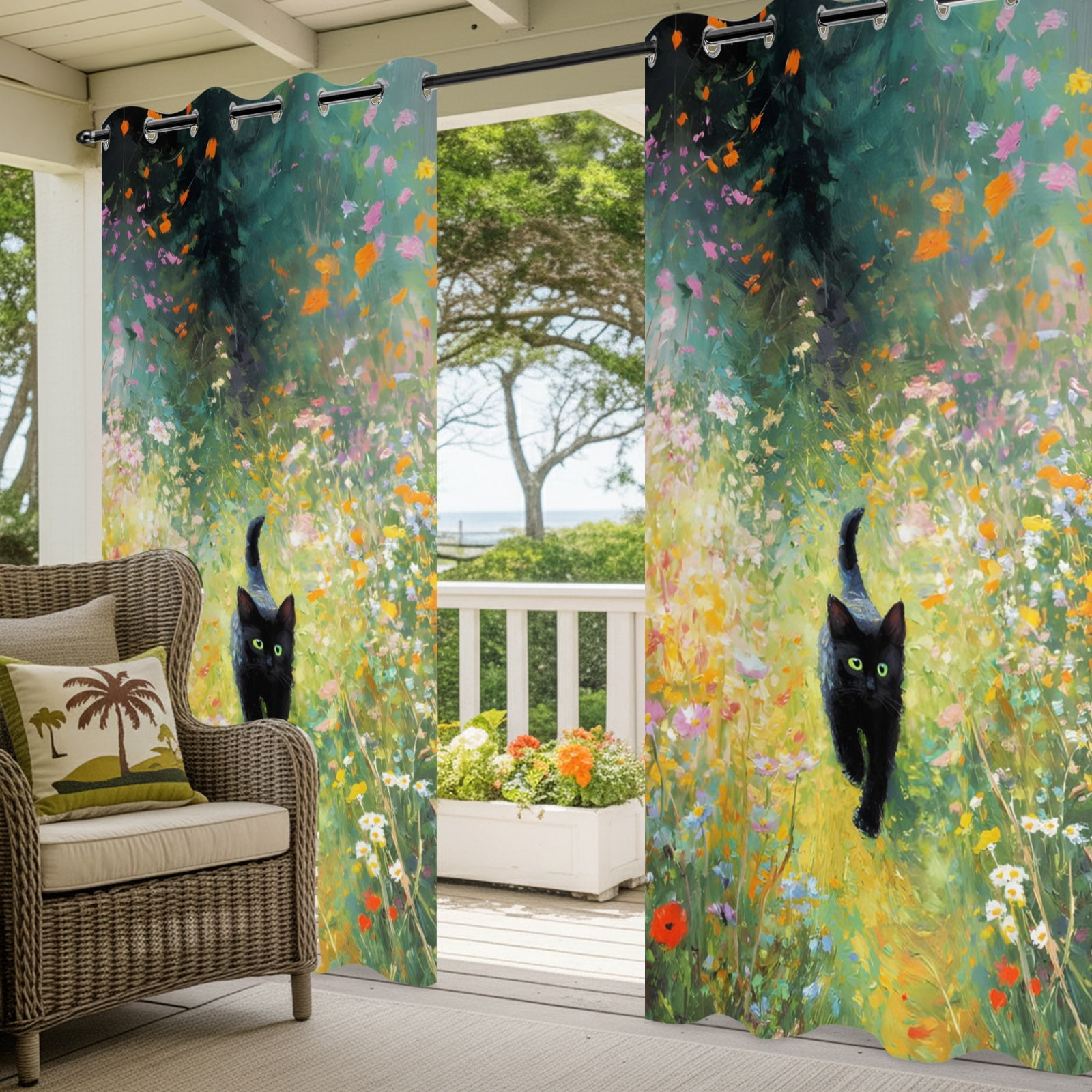Black Cat Outdoor Curtains for Patio, Colorful Floral Wildflowers Garden Boho Sunshade Privacy Drapes Grommet Waterproof Outside Curtains for Porch/Cabana/Balcony 54"x 108", 1 Panel