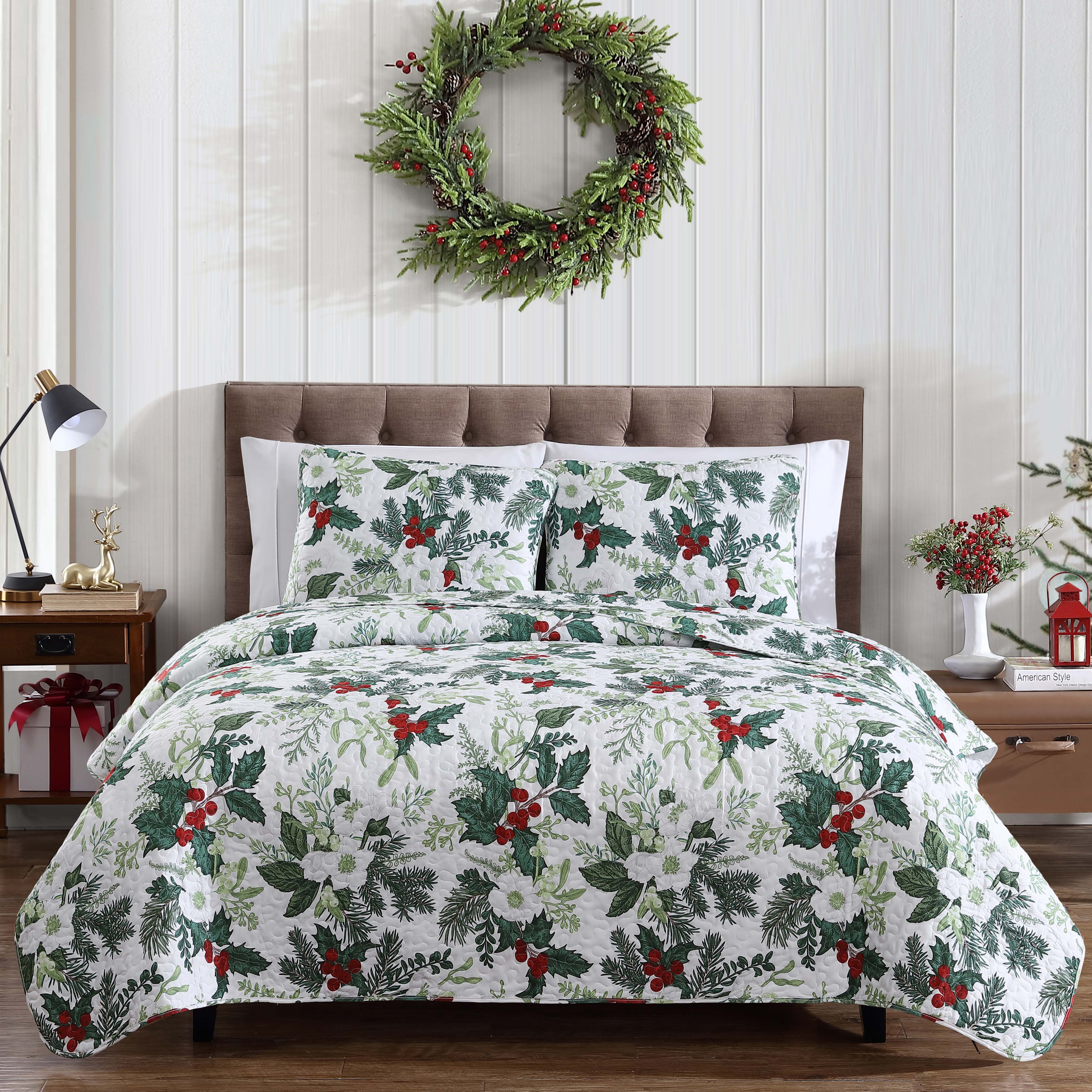 Beatrice Home Fashions, Holiday 3PC Quilt Set, King, Green Bouquet
