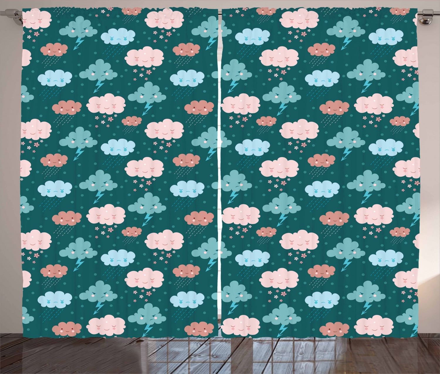 Nursery Curtains 2 Panels Set, Happy Sad and Angry Faces of Clouds Mood