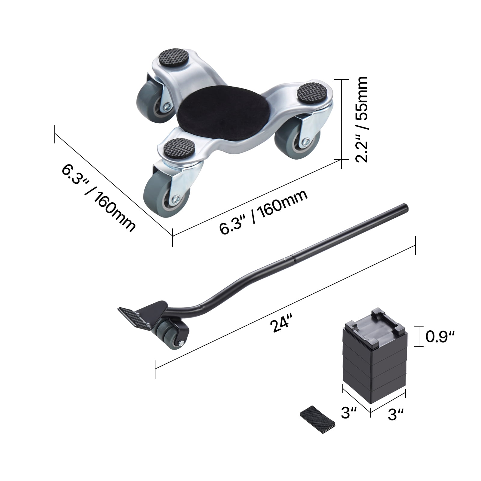 KFFKFF Appliance Dolly, Supports up to 440 lbs, 3-Wheeled Steel 6.3" Tri-dolly, Robust Mover with Rotating Triangle Casters, Carbon Steel Surface, Furniture Elevation Moving Kit