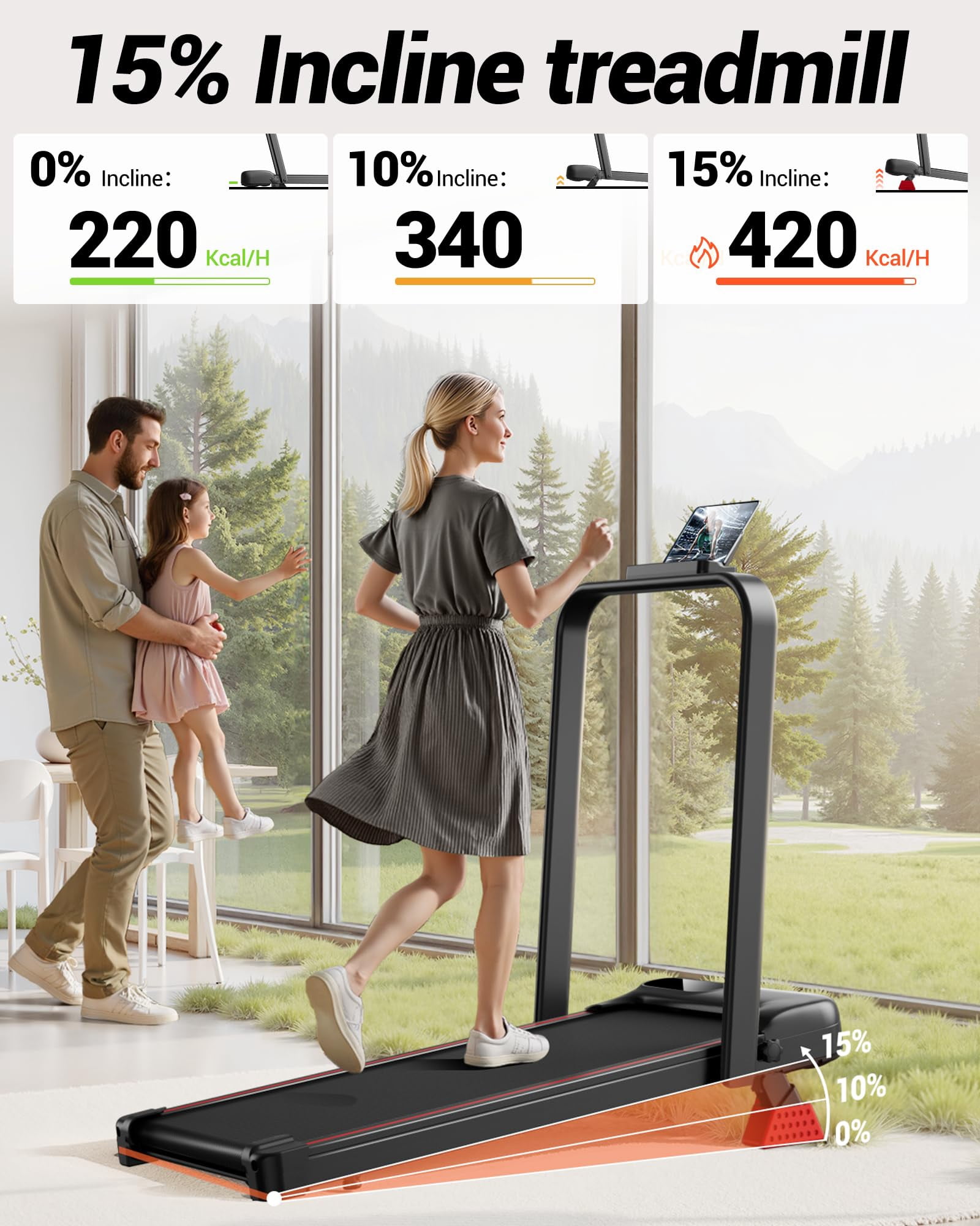 15% Incline Walking Pad Treadmill with Handle Bar - 2.5HP Quiet Folding Treadmill for Home Office Under Desk Portable Walking Pad with 300LBS Capacity