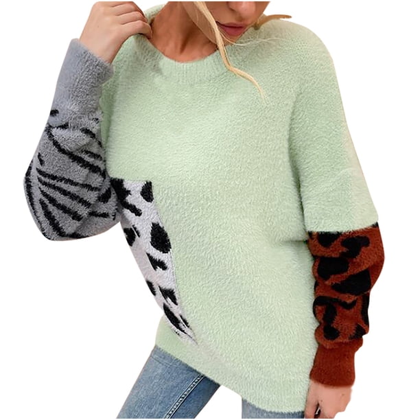 Suéter de leopardo en contraste de manga larga con cuello redondo de punto de visón de imitación para mujer Fridja hjk567