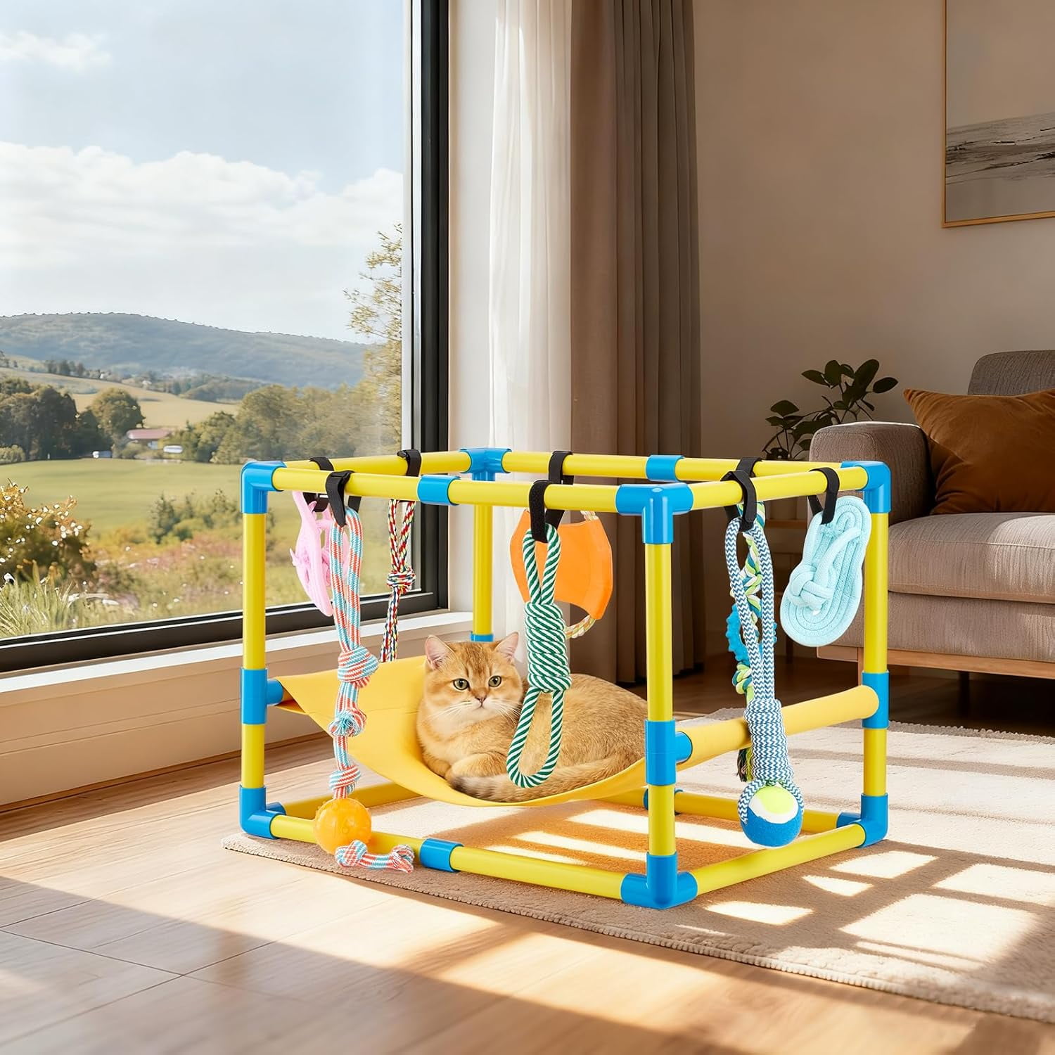 Flymer Puppy Play Gym with 8 Hanging Toys, Jungle Playground Gym for Small Dogs, PVC Frame with Hammock and Funny Enrichment Toys (23x17x17in)