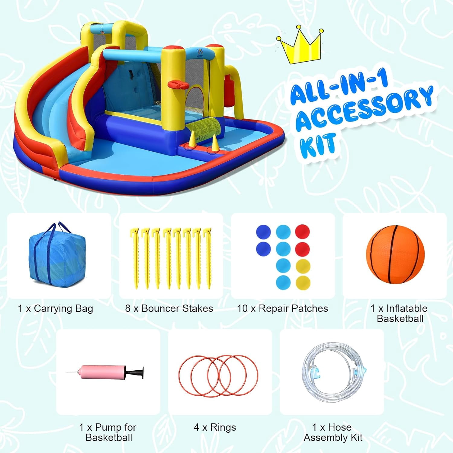 OLAKIDS Inflatable Water Slide, 8 in 1 Bounce House Water Park with Slide Splash Pool Climbing Wall Basketball Hoop Ring Toss, Outdoor Inflatable Obstacle Course for Kids Backyard (With 735W Blower)