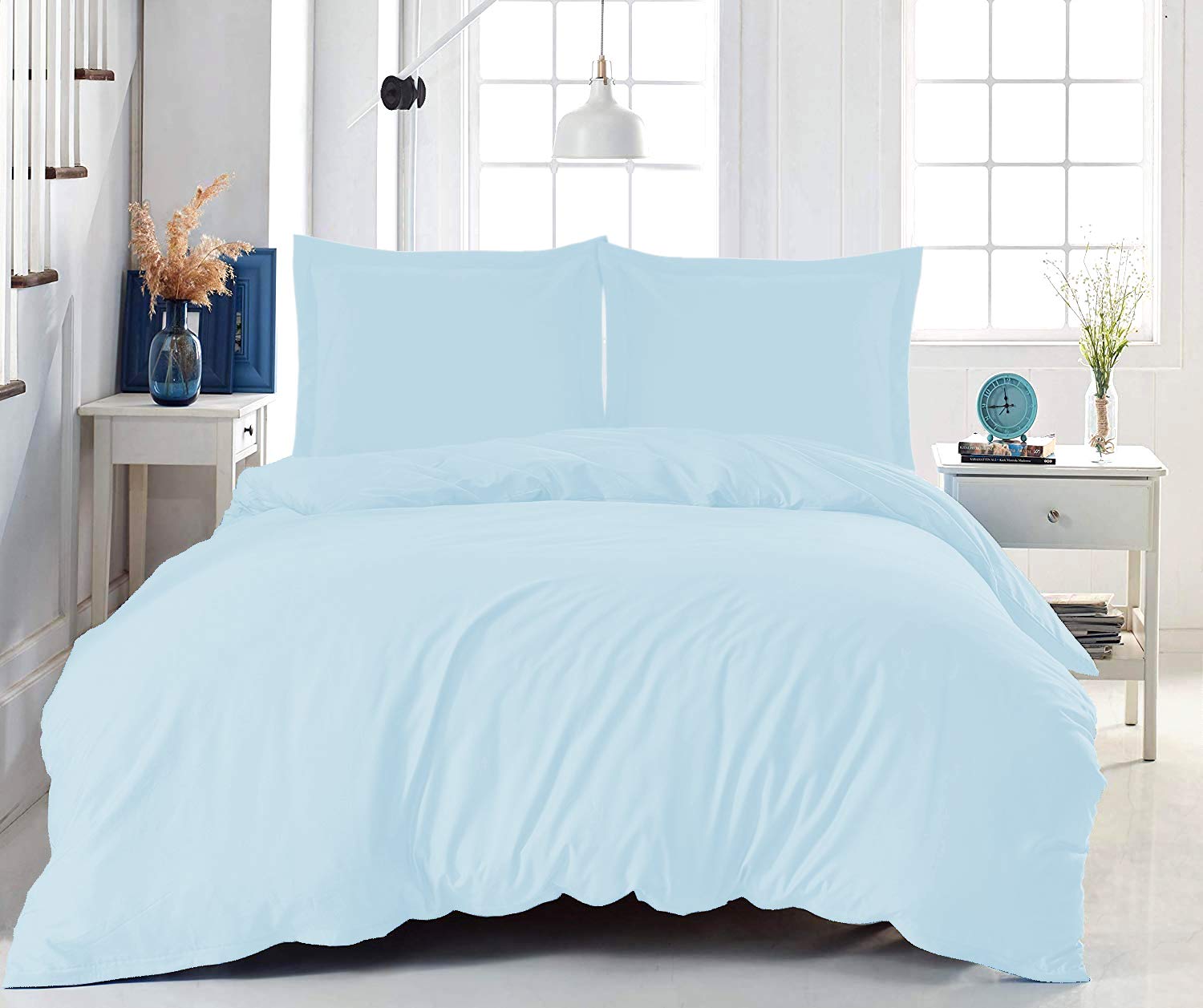 Nisaki Cotton Queen Duvet Cover Blue Fog, 100% Long Staple Combed Cotton Comforter Cover Queen Size with Hidden Button Closure (Queen Quilt Bedding Set)