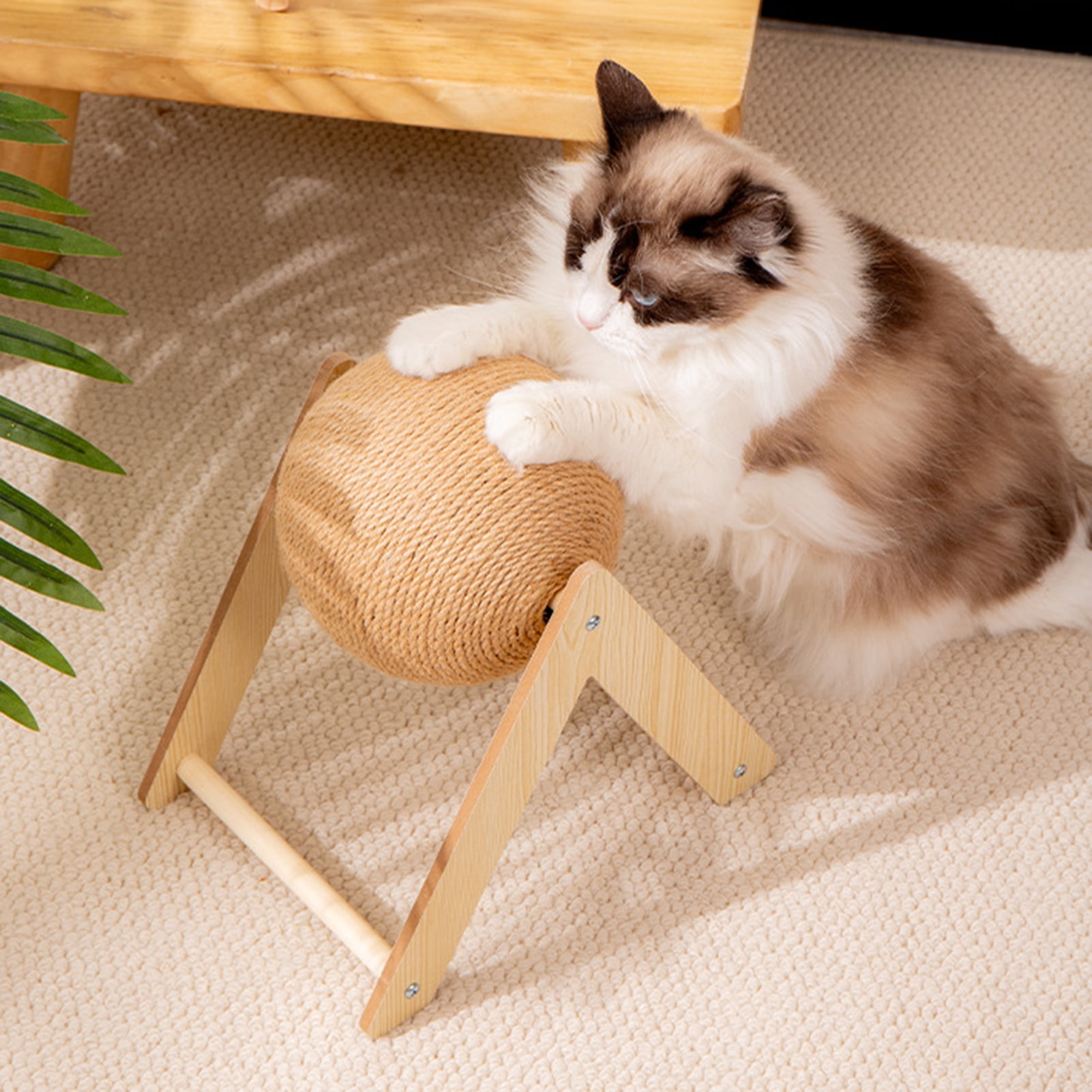 Cat Scratching Ball Interactive Sisal Rope Cat Scratcher Ball with Wooden Stand Spinning Ball Kitten Exercise Toy for Indoor Cats