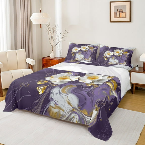 Homewish Marble Artwork Adult Twin Sheet Sets, Romantic Purple Abstract Twin Fitted Sheet, Modern Fashion Art Flat Sheet, Breathable Home Decor, 3-Piece