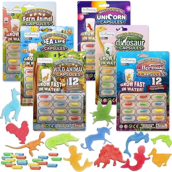 ArtCreativity Magic Growing Animal Capsules – 6 Theme Packs, 72 Expandable Creatures, Drop-in-Water Science Toys & Party Favors for Kids Ages 3 