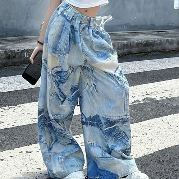 Girls Fashion Personality Denim Pants for Girls - Elastic Waist Wide Leg Jeans Casual Style with Pockets