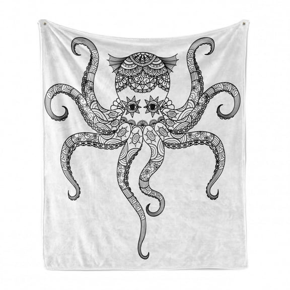 Octopus Soft Flannel Fleece Throw Blanket, Octopus Doodle Cultural Pattern Mandala Eastern Style Illustration Print, Cozy Plush for Indoor and Outdoor Use, 60" x 80", Black White, by Ambesonne