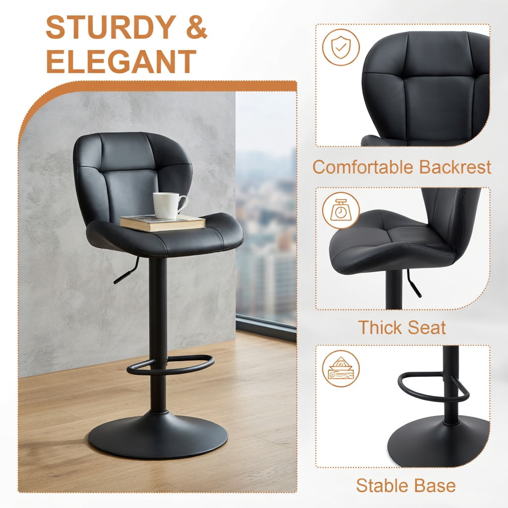 Hommoo 2-Pack Height-Adjustable Bar Stools with Tufted PU Upholstery, Metal Frame & Footrest, Ideal for Kitchen Islands, Home Bars & Pubs, Black