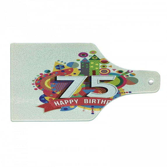 75th Birthday Cutting Board, Geometrical Colorful Cartoon Style Design in Vibrant Colors, Decorative Tempered Glass Cutting and Serving Board, Wine Bottle Shape, Multicolor, by Ambesonne