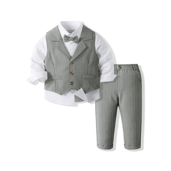 Sylvamorning Little Boy Formal Gentleman Suits 1T 2T 3T 4T 5T 6T Kids Long Sleeve Shirt with Bowtie+Waistcoat+ Pants Dressy Outfit,Spring Fall