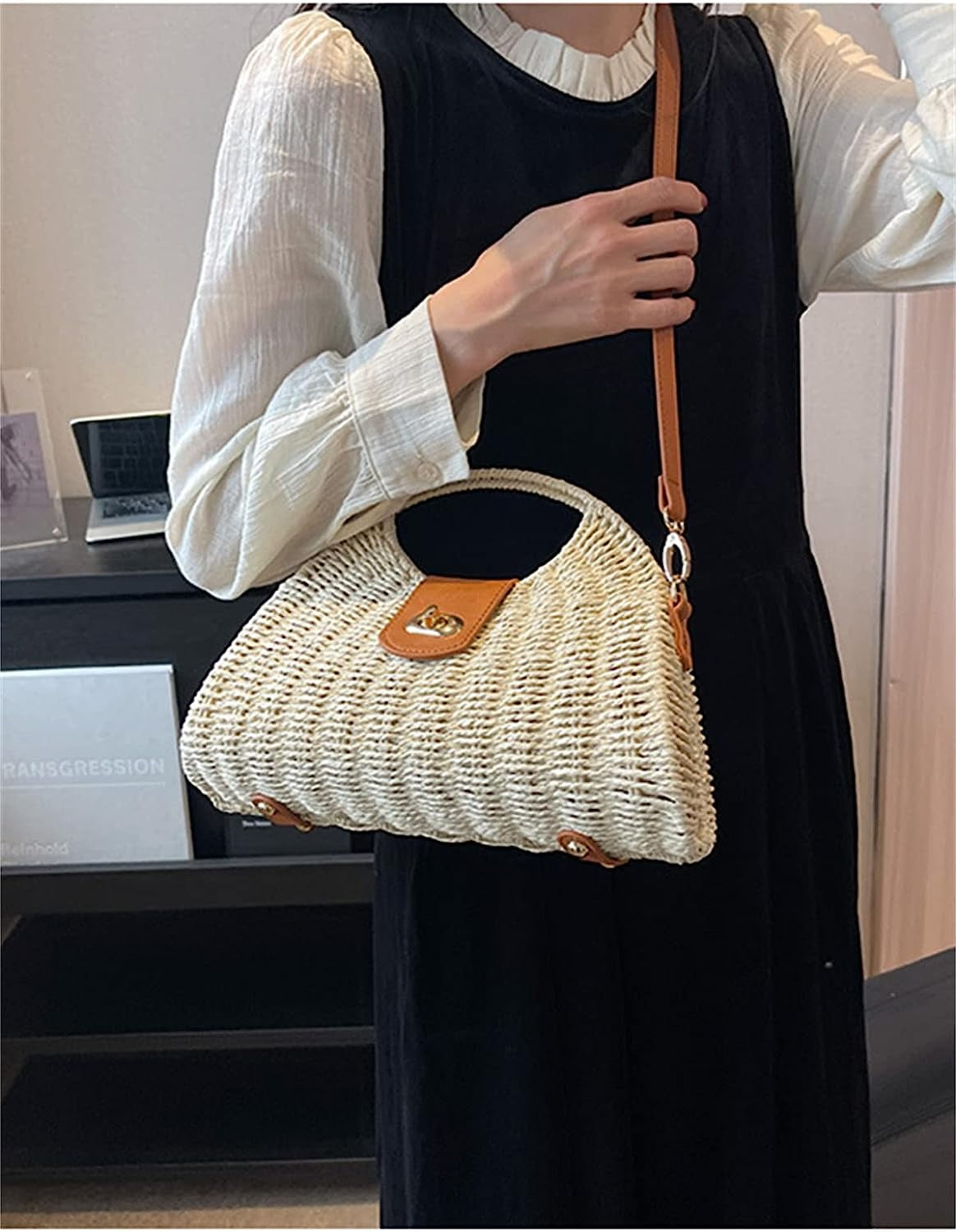 Kukuzhu Straw Handbags Women Summer Beach Tote Bag Hand Purse Vintage Wicker Woven Basket Boho Rattan Clutch Crossbody Shoulder Bag