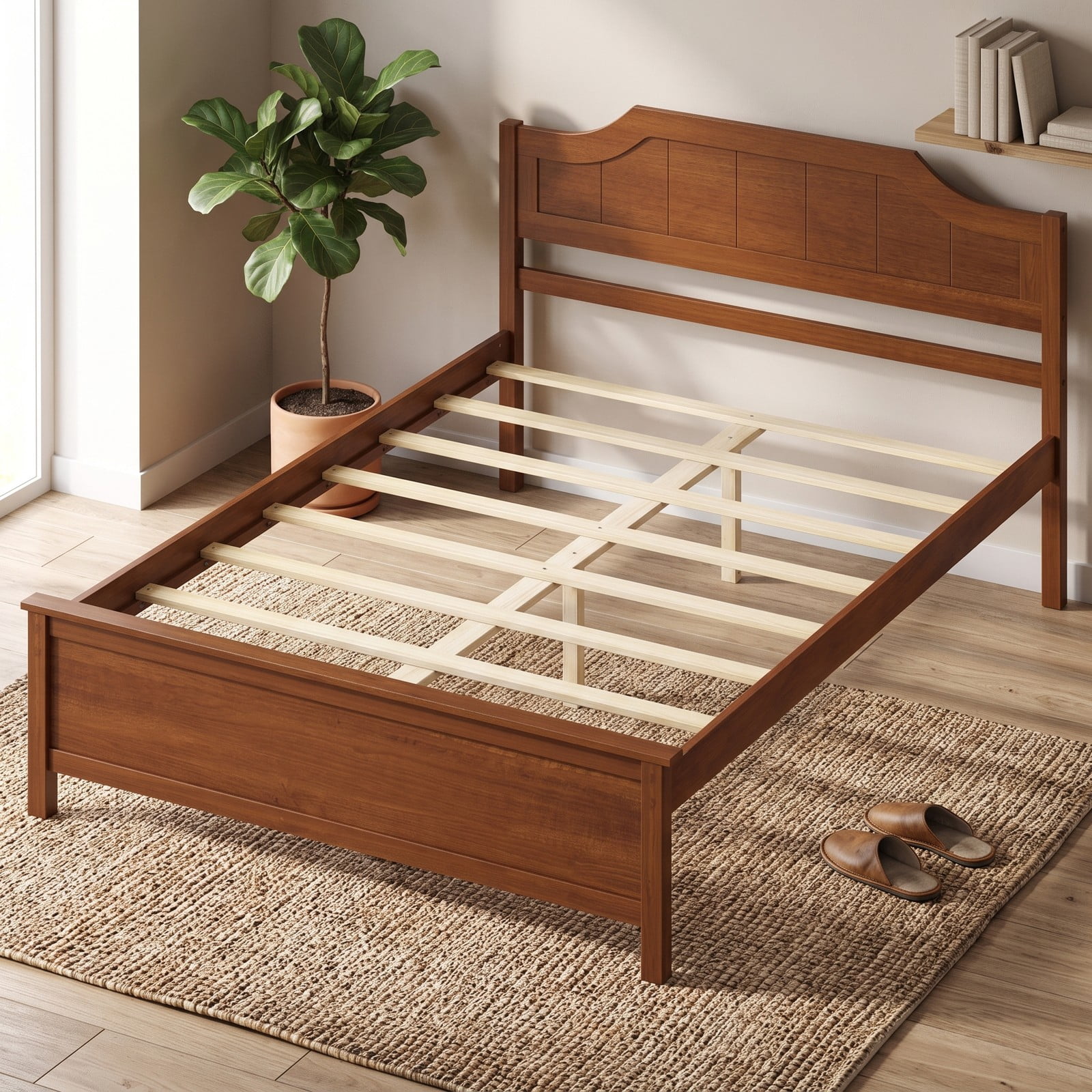 Furnibear Full Size Bed Frame Solid Wood Platform Bed with Arched Headboard and Slat Support, No Box Spring Needed, Walnut