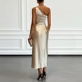 thumbnail image 3 of Morttic Women's Solid Color Ruched Waist One Shoulder Midi Dress – Elegant Satin Sleeveless Cocktail Gown Khaki，S, 3 of 4