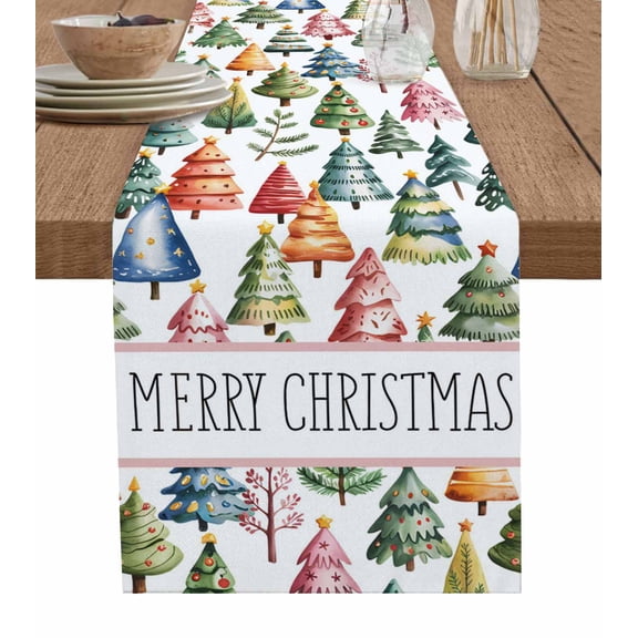Christmas Pine Table Runner 36 Inches, Winter Watercolor Xmas Trees Plant Bed Runner Dresser Scarves Tabletop for Indoor Outdoor Parties/Ceremony/Banquet, 13"x 36"
