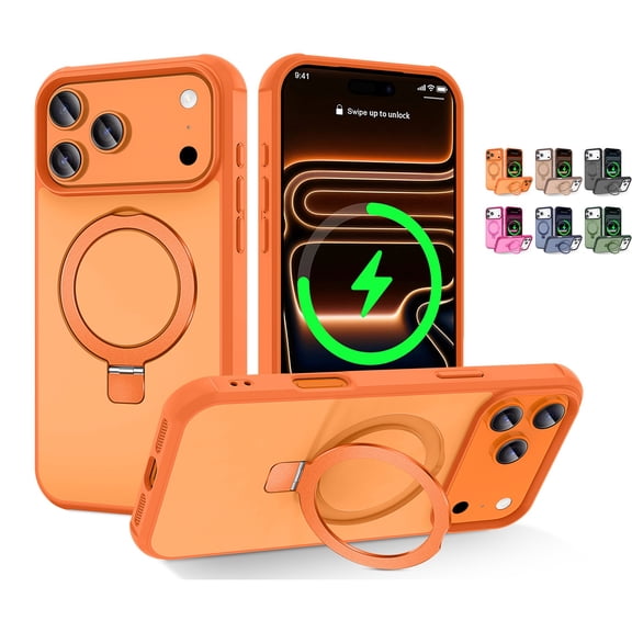 Mynvo Case for iPhone 17 Pro with Ring Holder Kickstand, Compatible with Magsafe Slim Fit Non-Slip Anti-Fingerprint Shockproof Magentic Protective Back Cover Bumper for Women Men, Orange