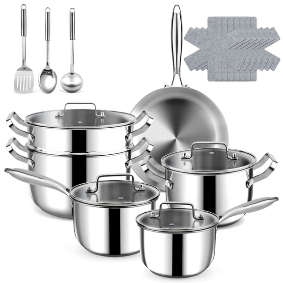 Bestdin 20-Piece Triple Ply Stainless Steel Cookware Set,  Kitchen Pots and Pans Set with Glass Lid for Kitchen, Dishwasher Safe, Premium Non-Toxic Kitchen Set for Home Chefs & Family Cooking