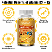 (2 Pack) Mulittea Vitamin D3 10,000 IU with K2 MK-7, Extra Strength Immune & Bone Wellness, 240 Count