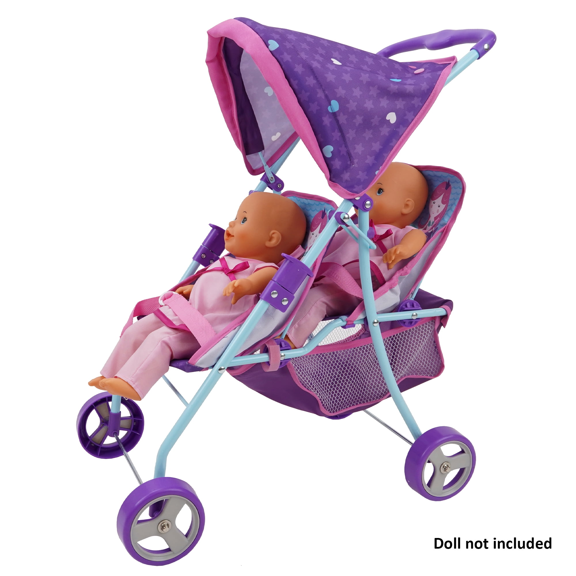 509 Mermaid Twin Doll Stroller- Retractable Canopy, Storage & Travel, 2 Seats, Fits dolls up to 18", Kids 3+