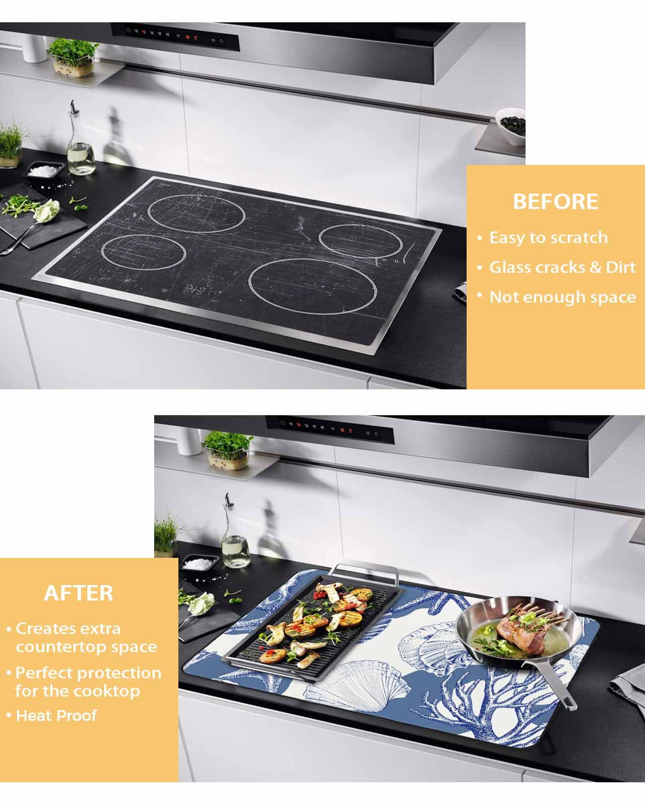nqOlkjepod Large Induction Cooktop Protector Mat 36"x21", Coastal Blue Coral Stove Top Covers for Electric Stove, Summer Ocean Watercolor Shell Stove Burner Cover Mats, Glass Top Stove Cover