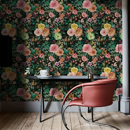 JiffDiff Peel and Stick Wallpaper Dark Floral Wall Mural Peony Nursery Wall Paper for Bedroom(17.7" x 472.44",Black)