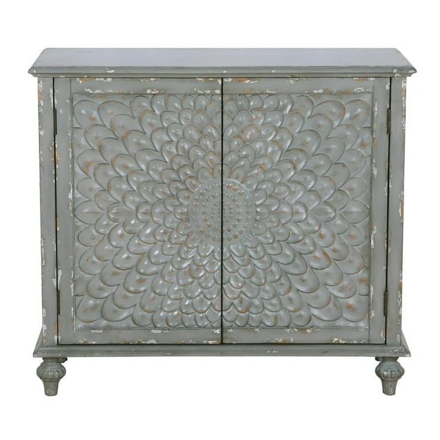Home Fare Dahlia Carved Front Two Door Chest in Weathered Grey