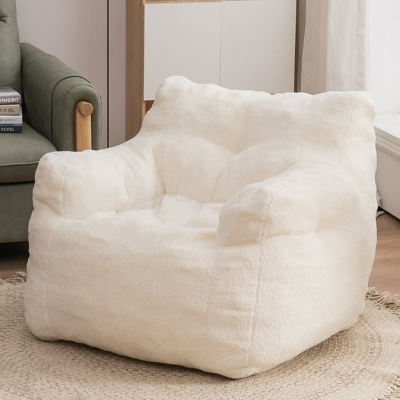 PORKISS Bean Bag Chair for Teens & Kids, Soft Foam Lazy Sofa with Teddy Fabric, Single Leisure Sofa Chair for Dorm Bedroom Living Room, Ivory