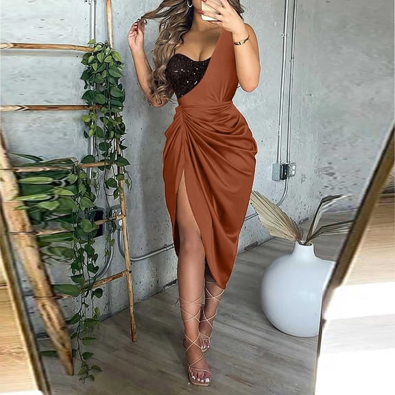 Chbgutlmr Midi Dress for Women Sleeveless Sequin Patchwork Slit Hem Ruched Bodycon Dress Casual Cocktail Elegant Dress