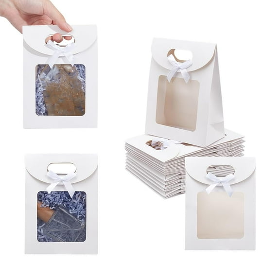 24 Pcs Small White Kraft Paper Bags with Window 6.3x4.72x2.44inch Stand Up Gift Bag with Handles and Bowknot for Cookies Packaging Wedding Christmas Party Store Retail