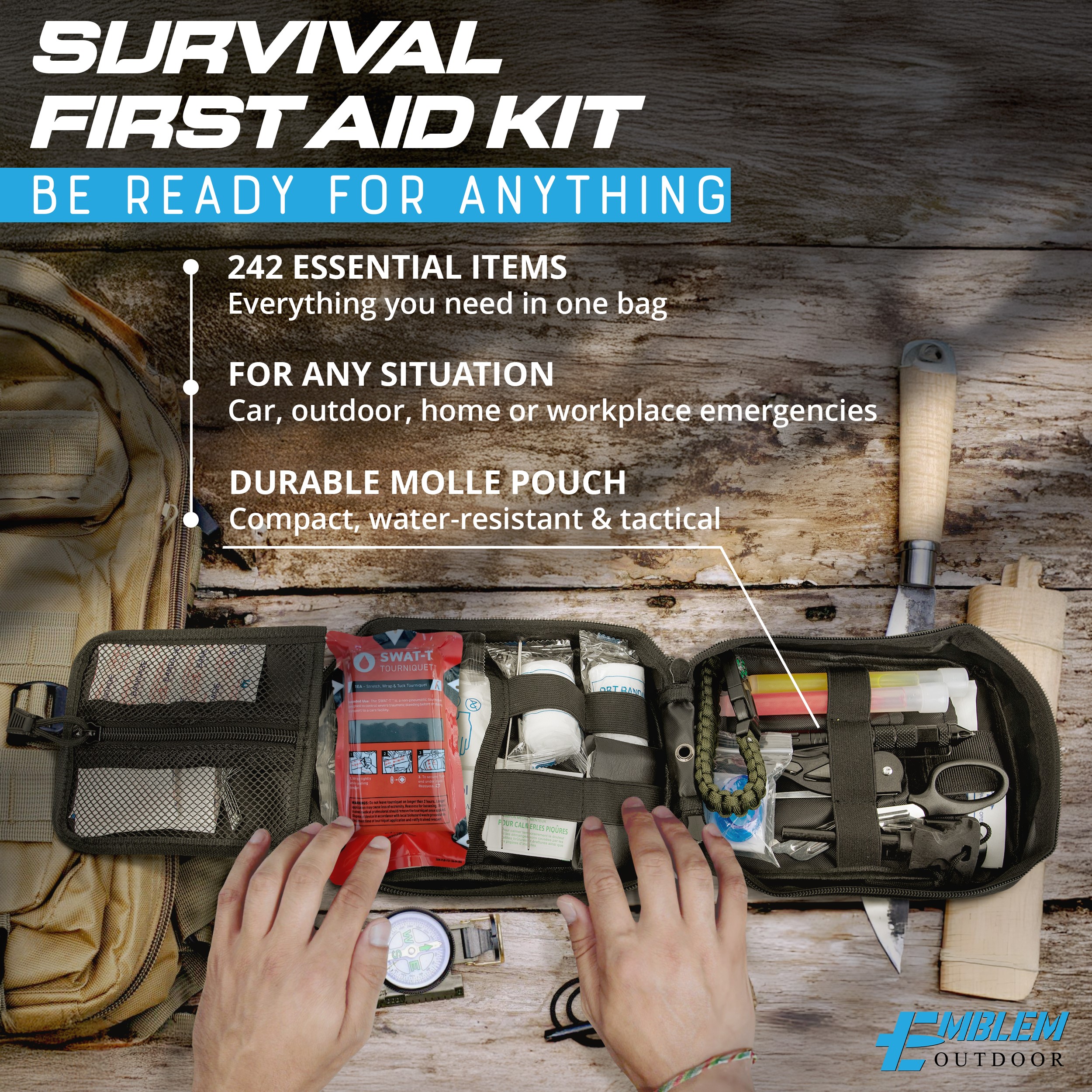 Emblem OD 242 Piece Survival First Aid Kit with Tourniquet | MOLLE Pouch with Paracord | Camping Hunting Hiking and Emergency Preparation | Survival Gear | Car First Aid Kit | Black