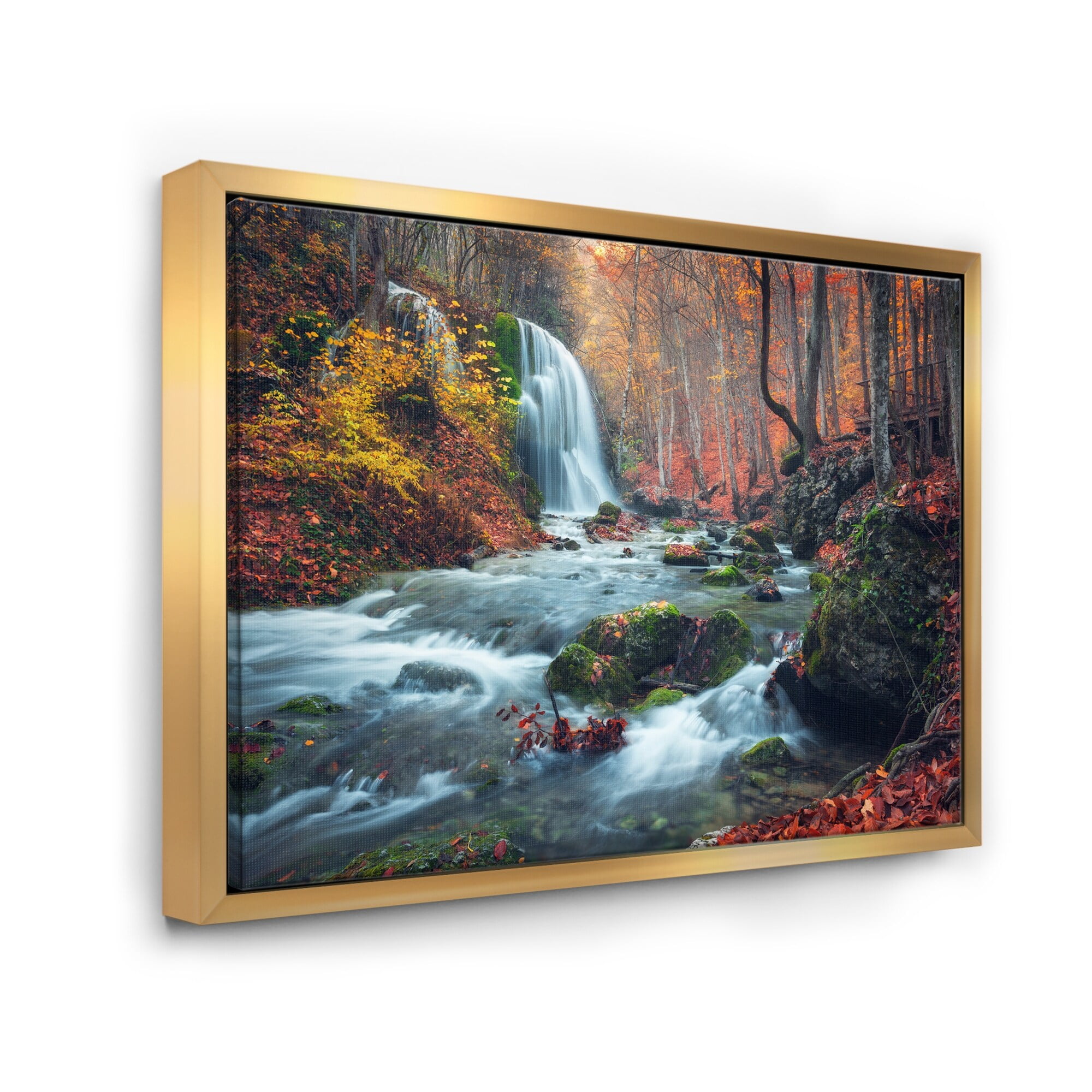Designart ' Autumn Mountain Waterfall Long View ' Landscape