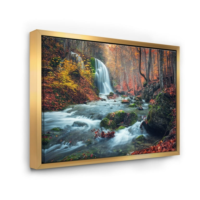 Designart ' Autumn Mountain Waterfall Long View ' Landscape
