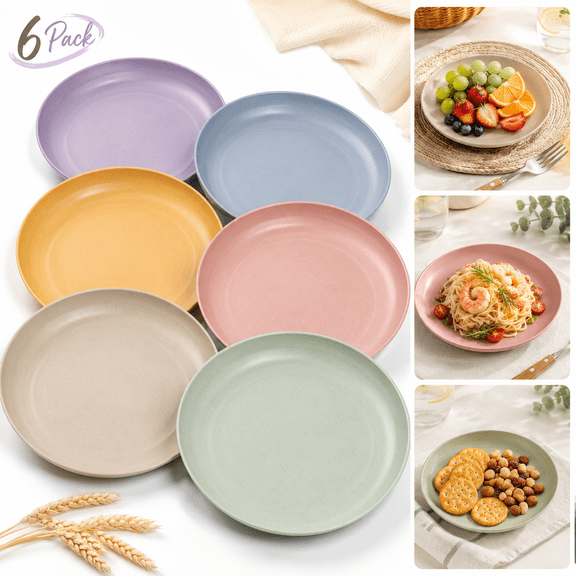 Wheat Straw Plates Lightweight Unbreakable Dinner Dishes Plates Set Dishwasher & Microwave Safe (Small 6 Pack 5.9')